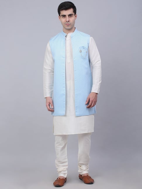 Jompers Light Beige Regular Fit Self Design Kurta & Pyjamas With Nehru Jacket