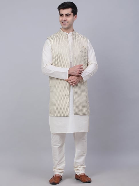 Jompers Light Beige Regular Fit Self Design Kurta & Pyjamas With Nehru Jacket