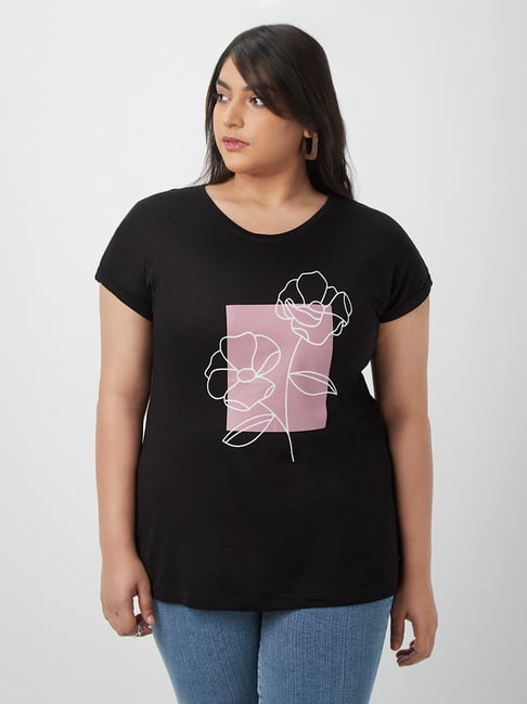 Gia Curves by Westside Black Floral-Patterned T-Shirt Price in India
