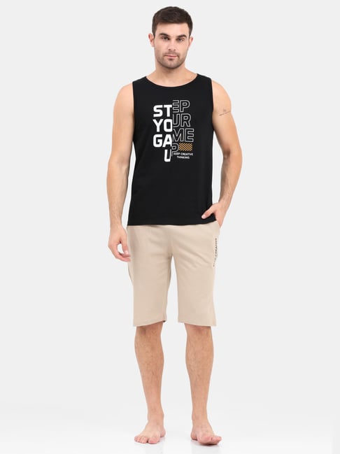 Masculino Latino Black & Beige Regular Fit Printed Nightwear Set