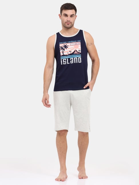 Masculino Latino Navy Blue & Grey Regular Fit Printed Nightwear Set