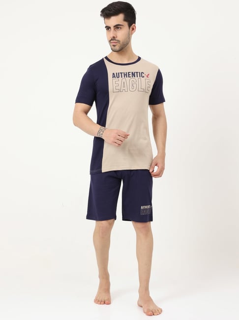 Masculino Latino Beige & Blue Regular Fit Printed Nightwear Set