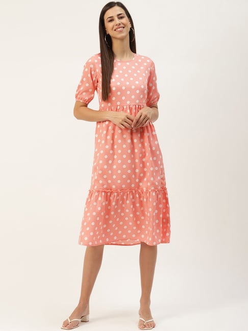 BRINNS Peach Printed Midi A Line Dress Price in India