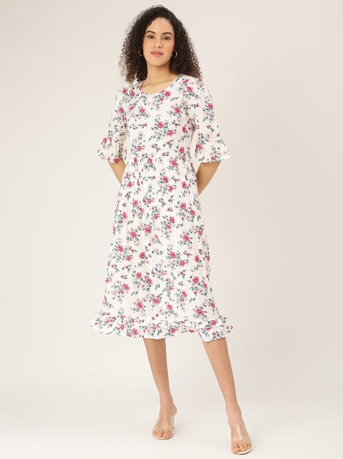 BRINNS White Floral Print Midi A Line Dress Price in India