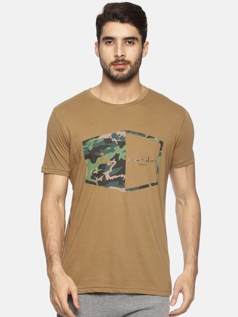 Masculino Latino Khaki Cotton Regular Fit Printed T-Shirt