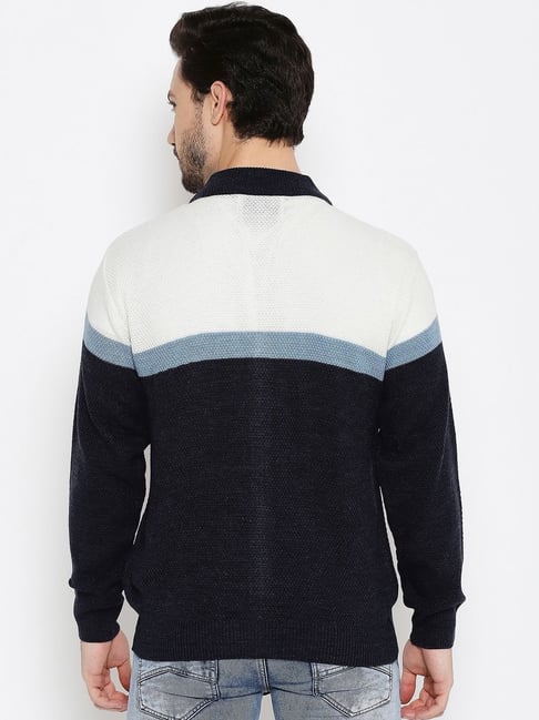 Buy Duke Navy Blue White Regular Fit Colour Block Sweater for