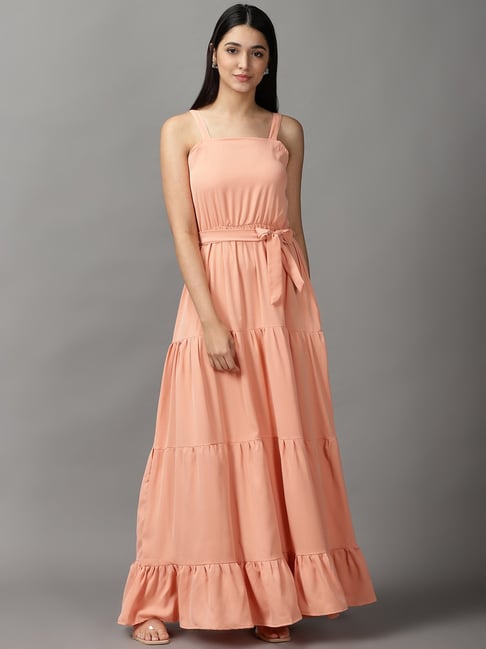 Buy Thread Game Linen A-Line Peach Midi Dress For Women Available online at  ScrollnShops