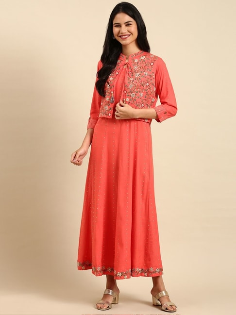 Buy Currant Red A Line Tunic Dress And Grey Jacket With Block Print Online   Kalki Fashion
