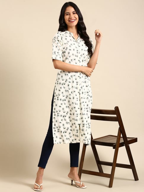 showoffff SHOWOFF Off-White Cotton Floral Print Straight Kurta-picture-33