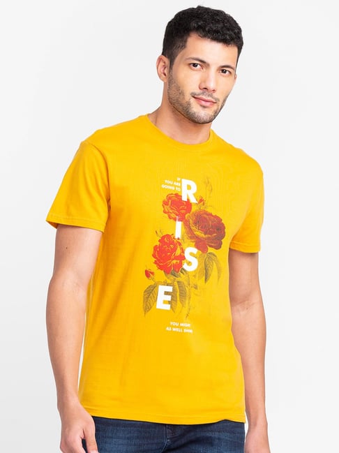 Globus Mango Yellow Cotton Regular Fit Printed T-Shirt