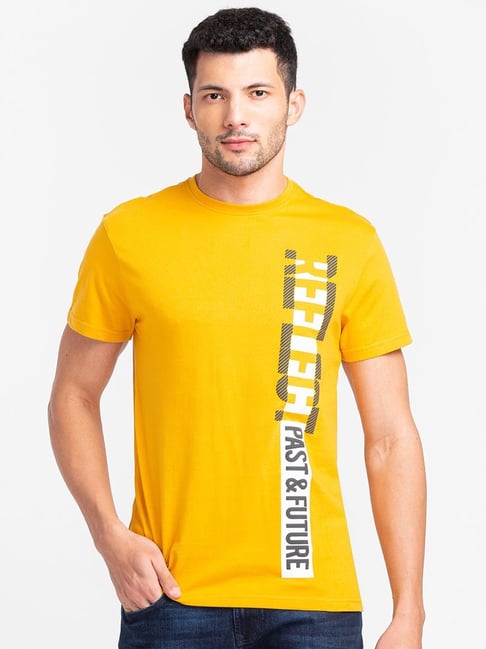 Globus Mango Yellow Cotton Regular Fit Printed T-Shirt