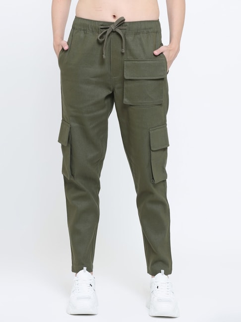 Men's Olive green Cotton Solid Cargo