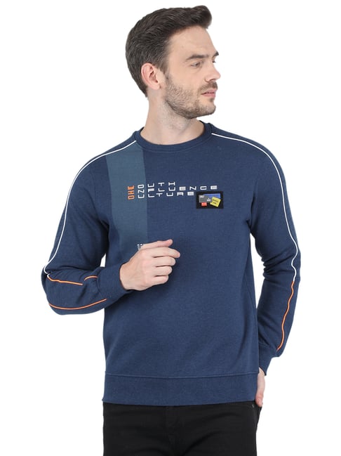 Monte Carlo Blue Regular Fit Round Neck Printed Sweatshirt