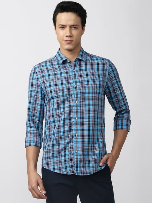 Peter England Casuals Blue Slim Fit Checks Shirt