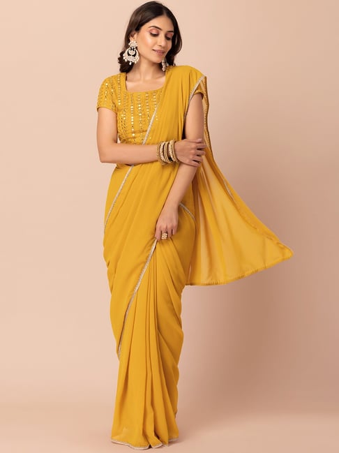 Plain Lemon Yellow Saree | 3d-mon.com