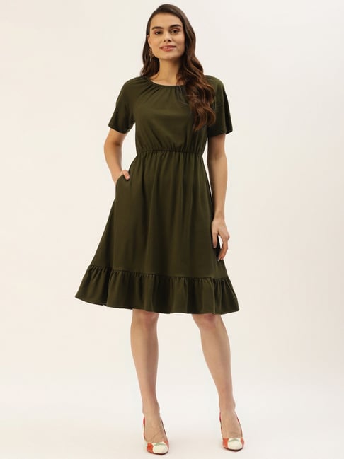 BRINNS Olive Midi A Line Dress Price in India