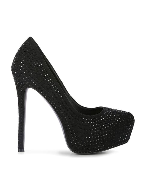 4 Inch Chunky Heel Plus Size Black Glitter Round Toe Pump | QUEEN-01 –  Shoecup.com