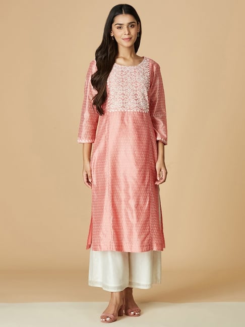 Fabindia Peach Cotton Embroidered Straight Kurta