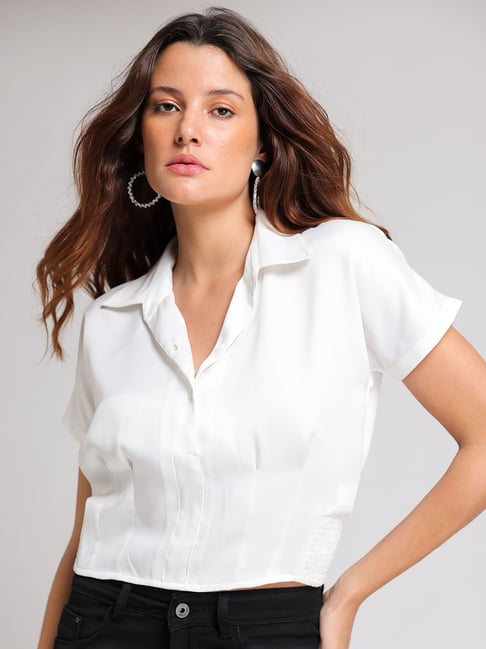 SHAYE White Relaxed Fit Crop Shirt-picture-25