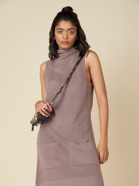 Nuon by Westside Taupe Knitted Turtleneck Dress Price in India