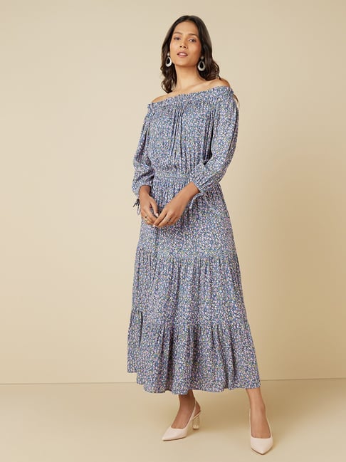 LOV by Westside Blue Off-Shoulder Tiered Dress Price in India