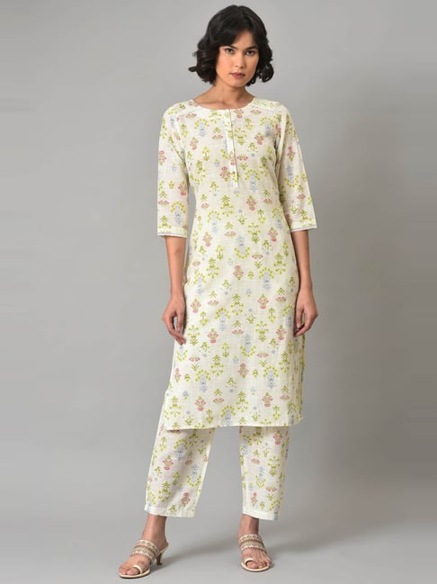 W Off-White Cotton Floral Print Kurta Pant Set Price in India