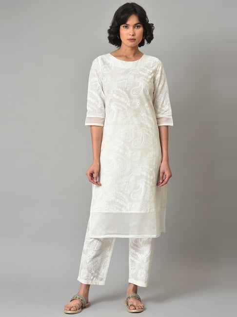 W Off-White Cotton Floral Print Kurta Pant Set