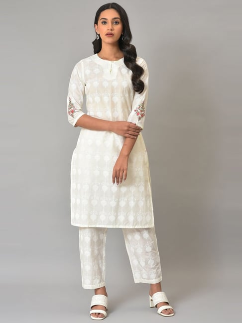 W Off-White Cotton Floral Print Kurta Pant Set