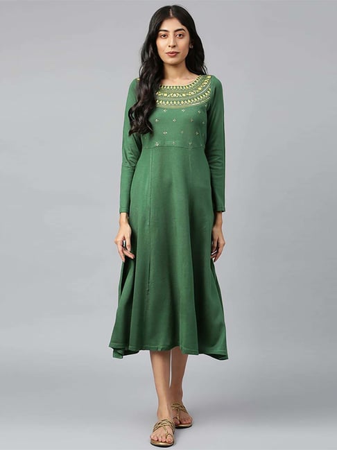Aurelia Green Embroidered A-Line Dress Price in India