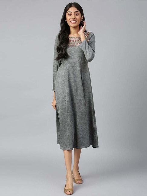 Aurelia Grey Embroidered A-Line Dress Price in India
