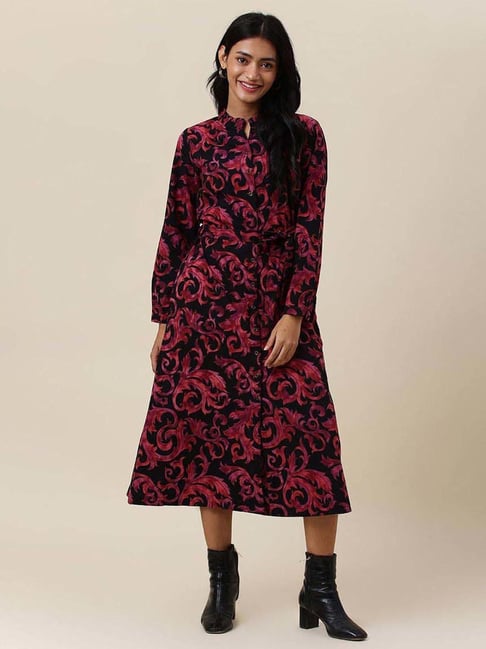Fabindia Black & Pink Cotton Floral Print A-Line Dress Price in India