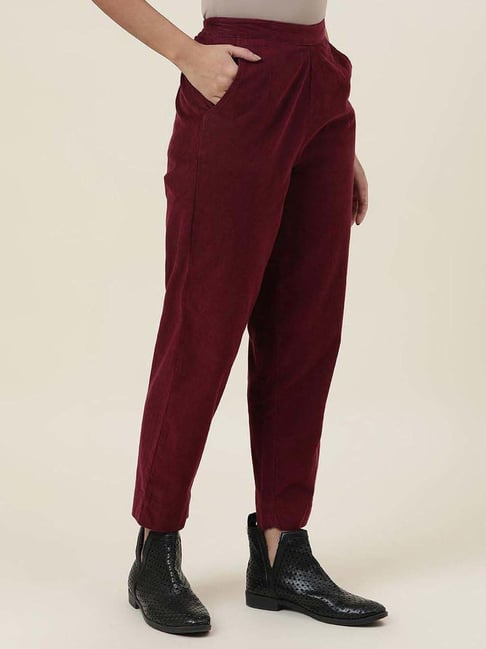 Burgundy flat-front stretch year-round Women Trousers | Sumissura