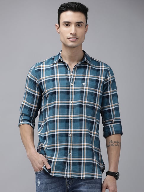 The Bear House Blue Slim Fit Check Cotton Shirt