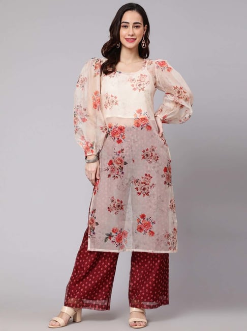 Aks Cream & Maroon Printed Kurta Palazzo Set