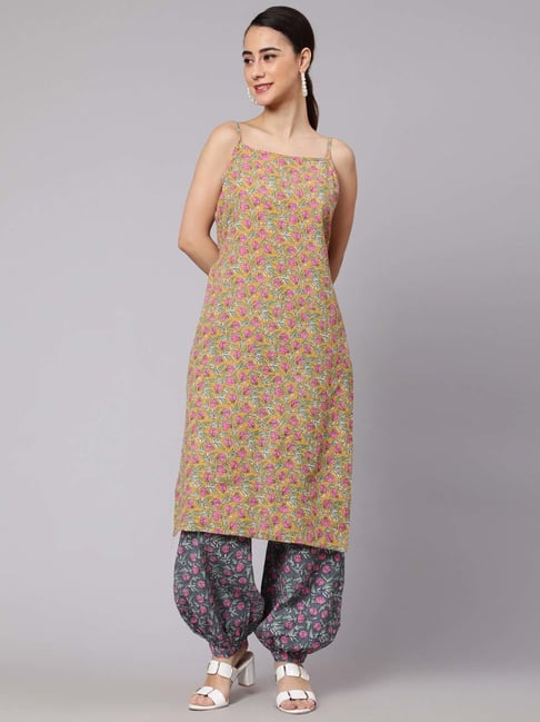 Aks Mustard & Grey Cotton Printed Kurta Pant Set