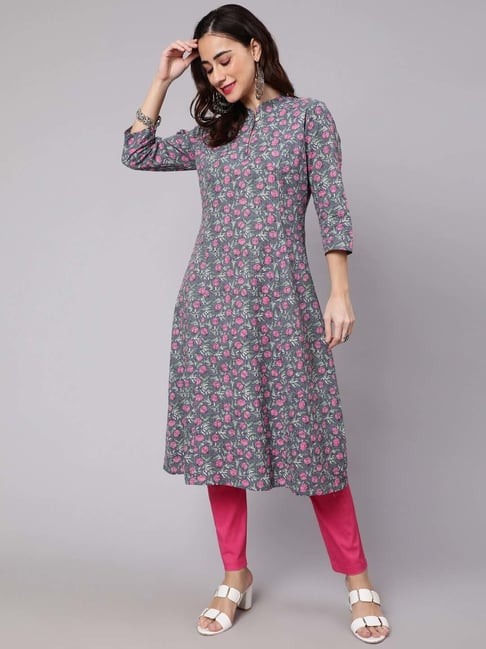 Aks Grey Cotton Printed A Line Kurta