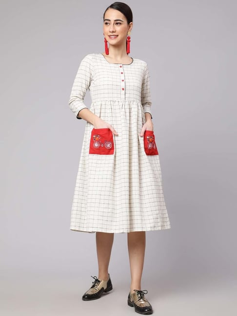 Aks White Cotton Chequered A-Line Dress Price in India