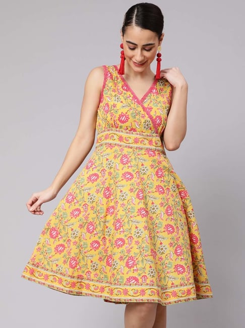 Aks Yellow Cotton Floral Print A-Line Dress Price in India