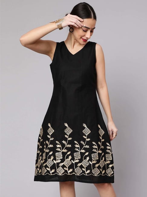 Aks Black Embroidered A-Line Dress Price in India