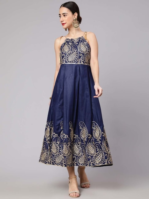 Women's Blue & White Floral Printed Maxi Dress - Aks | Printed maxi dress, Maxi  dress, Flare top