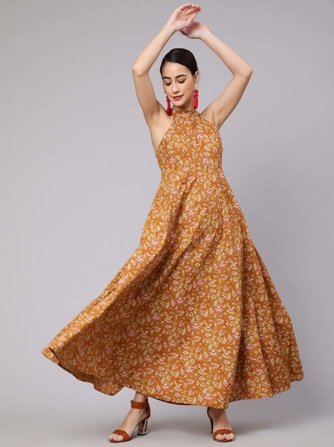 Aks Mustard Cotton Floral Print Maxi Dress Price in India