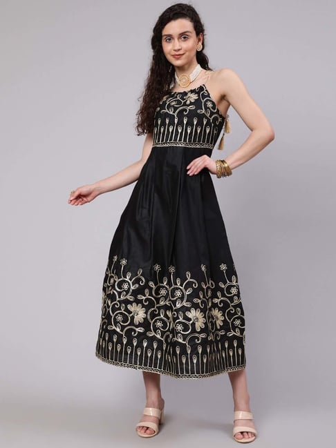 Aks Black Embroidered A-Line Dress Price in India