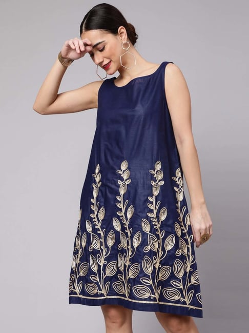 Aks Navy Embroidered A-Line Dress Price in India