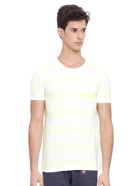 Masculino Latino Yellow & White Cotton Regular Fit Striped T-Shirt-picture-13