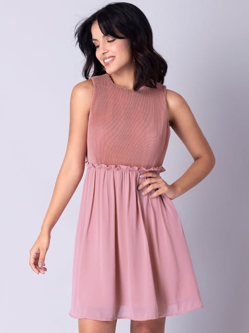 FabAlley Dusty Pink Pleated Waist Frill Mini Fit & Flare Dress Price in India