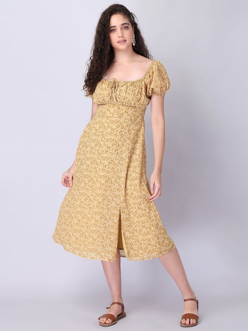 FabAlley Beige & Brown Floral Print Puff Sleeve Front Slit Midi Dress Price in India