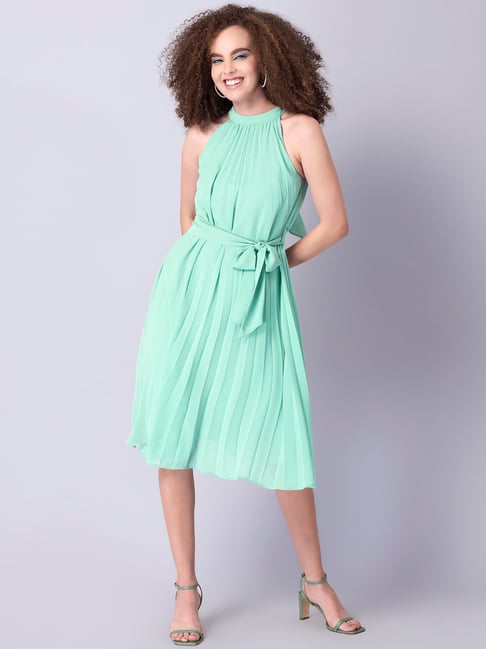 FabAlley Mint Pleated Halter Neck Tie Up Belted Fit & Flare Dress Price in India