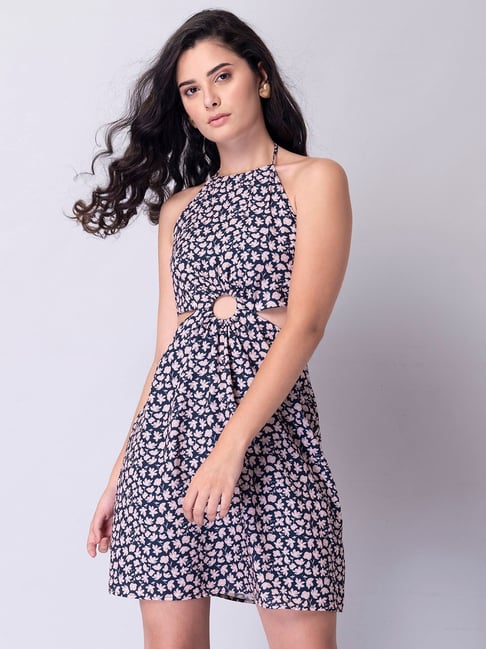 FabAlley Navy & Peach Floral Print Halter Cut Out A Line Dress Price in India