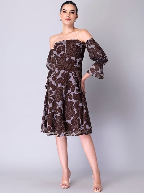 FabAlley Brown Floral Print Off Shoulder Buttoned Dress Price in India