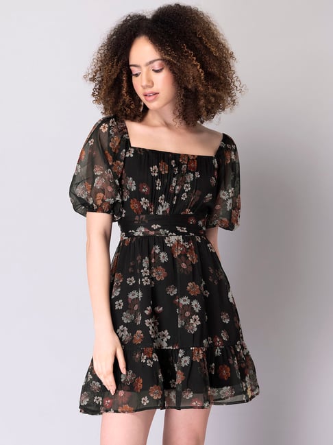 FabAlley Black Floral Print Back Tie Fit & Flare Dress